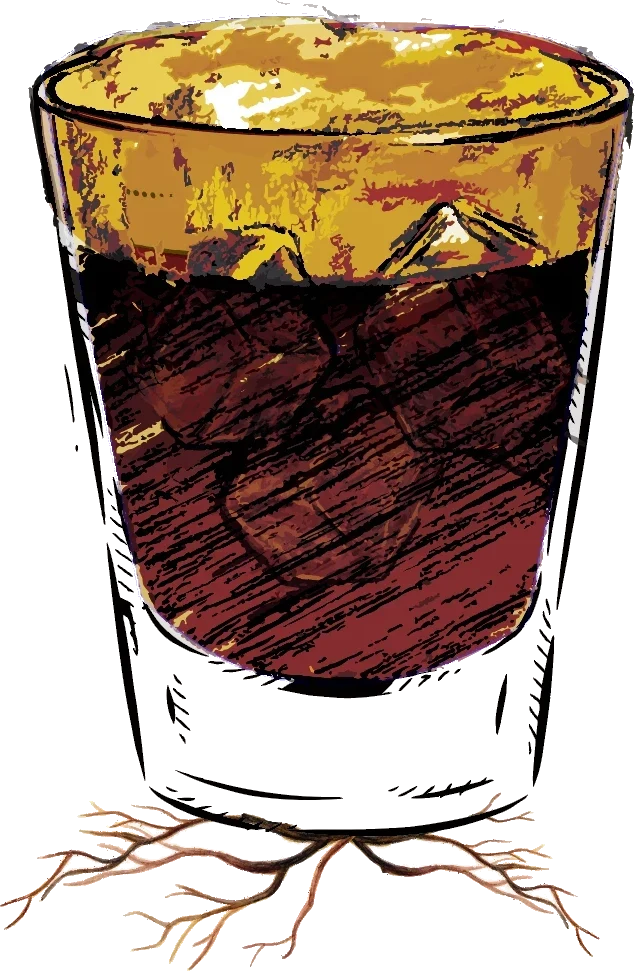 Illustrazione: bicchiere di fernet con cola e ghiaccio, con radici che nascono dalla base